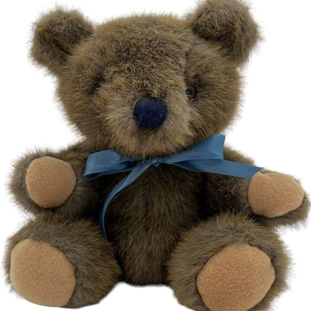 Dakin Teddy Bear 1988 Brown Plush Stuffed Animal Blue Velvet Nose Jointed Limbs